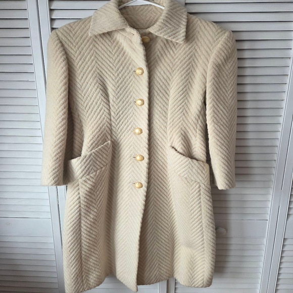 Nipon Couture Jackets & Blazers - Women's Nipon Couture Cream & Beige Herringbone Llama Wool Coat Size 8